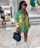 Women's Spring and Autumn Long Sleeve Print Loose Large Size Dress Shirt Skirt Top Clothes Trend