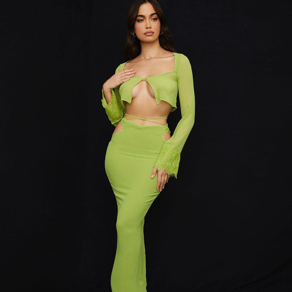 Explosive new long-sleeved T-shirt cardigan hollow tie skirt suit