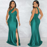 Fashionable Sexy Solid Color Diagonal Collar One Shoulder Sling Sleeveless Long Skirt Dress