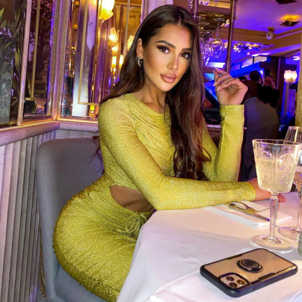 New sexy navel solid color pleated hip dress