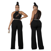 Sleeveless halterneck black solid color mesh see-through jumpsuit professional commuter straight-leg pants