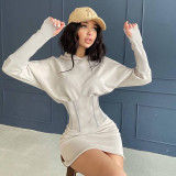 Explosive new hooded lantern long-sleeved sweater bright strip stitching dress