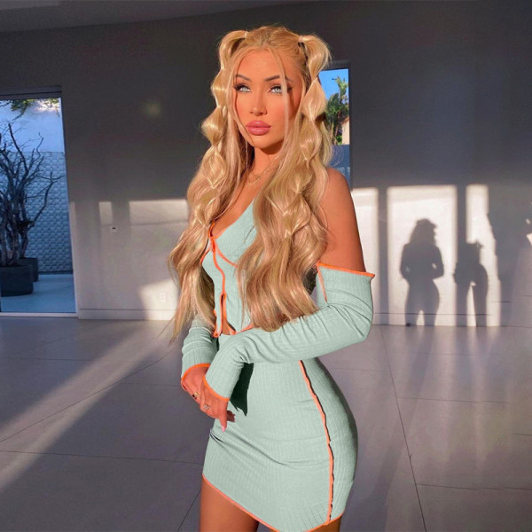 Hot Sale Long Sleeve Halter Top Skirt Fashion Casual Suit Women