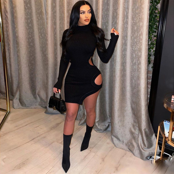 New Thin Pit Strip Solid Color Long Sleeve Fashion Slim Dress