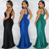 Fashionable Sexy Solid Color Diagonal Collar One Shoulder Sling Sleeveless Long Skirt Dress