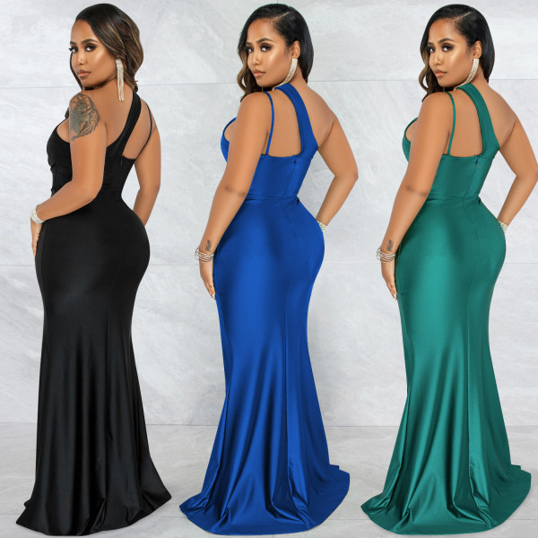 Fashionable Sexy Solid Color Diagonal Collar One Shoulder Sling Sleeveless Long Skirt Dress