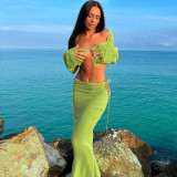 Explosive new long-sleeved T-shirt cardigan hollow tie skirt suit