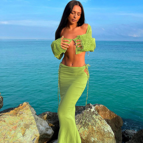 Explosive new long-sleeved T-shirt cardigan hollow tie skirt suit