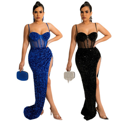 Fashion sexy suspenders waist waist perspective high slit leak backpack hip dress