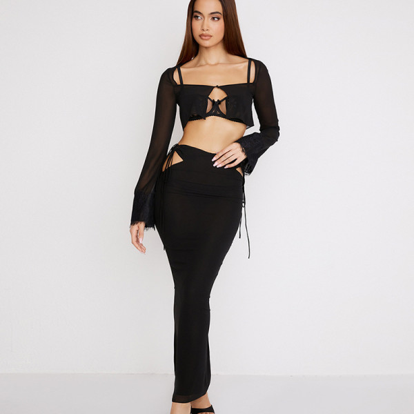 Explosive new long-sleeved T-shirt cardigan hollow tie skirt suit