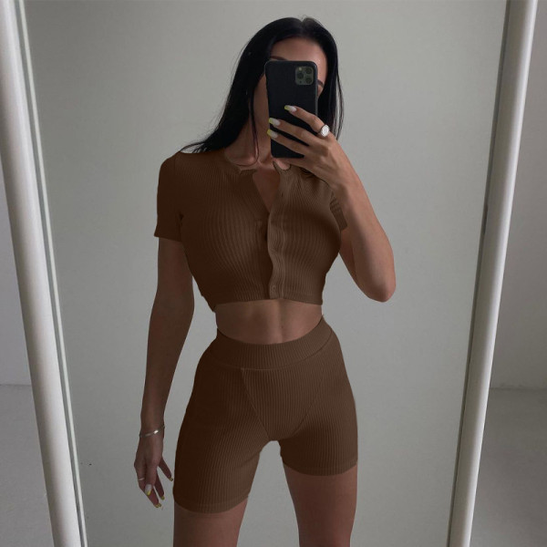 New solid color casual two-piece sports fitness suit with buttons