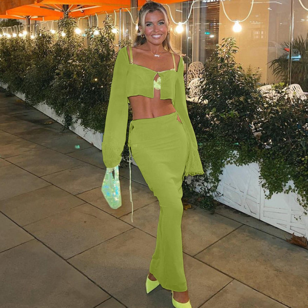 Explosive new long-sleeved T-shirt cardigan hollow tie skirt suit