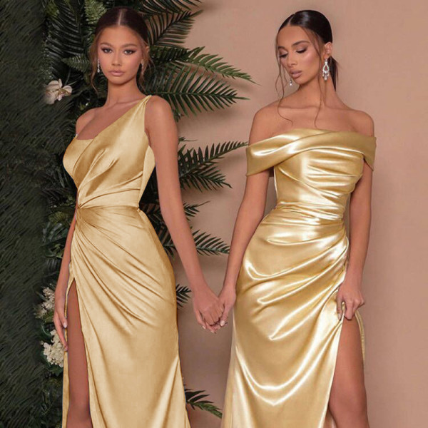 One-shoulder fishbone slit high-waisted long sexy dress