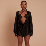 Two-piece satin drawstring European and American sexy suspender dress
