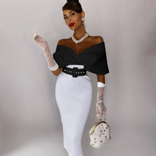 V-neck off-the-shoulder waist-contrast workplace OL dress with belt