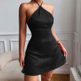 Sexy jacquard satin halterneck open back A swing dress