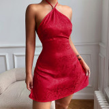 Sexy jacquard satin halterneck open back A swing dress
