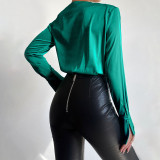 V-Neck Padded Shoulder Pleated Long-Sleeve Shirt Piece