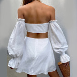 One-shoulder balloon-sleeved cutout sexy skirt dress