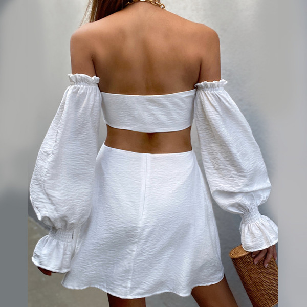 One-shoulder balloon-sleeved cutout sexy skirt dress