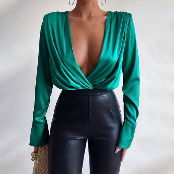 V-Neck Padded Shoulder Pleated Long-Sleeve Shirt Piece