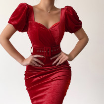Solid Color Corset Showing Breast Sexy Low Neck Puff Sleeve Velvet Hip Dress