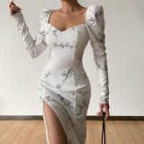 Women's temperament and gentle print square neck high waist slit dress