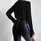V-Neck Padded Shoulder Pleated Long-Sleeve Shirt Piece