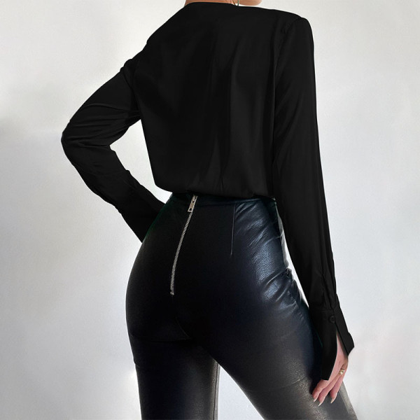 V-Neck Padded Shoulder Pleated Long-Sleeve Shirt Piece