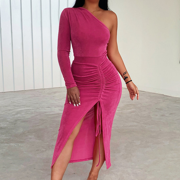 Sexy One Shoulder Gathered High Waist Slim Fit Slit Dress