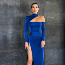 Sexy padded one-shoulder sloppy back slit long dress Sexy padded one-shoulder sloppy back slit long dress