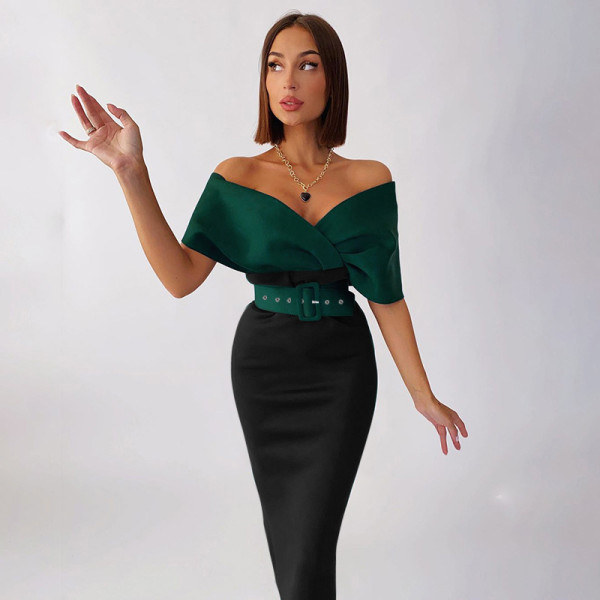 V-neck off-the-shoulder waist-contrast workplace OL dress with belt