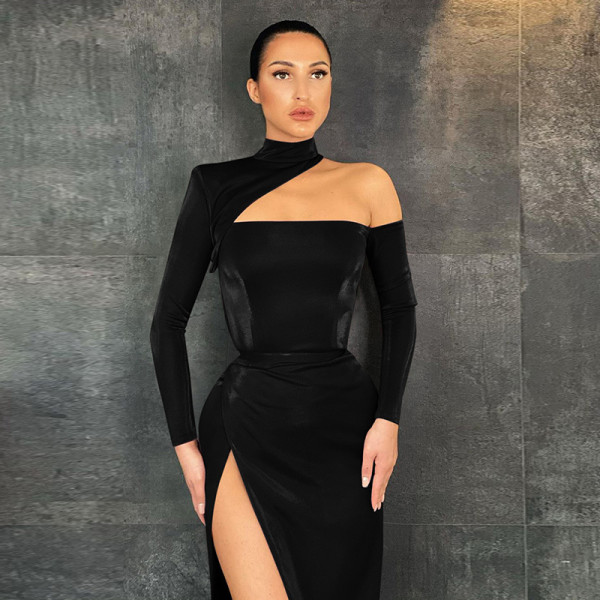 Sexy padded one-shoulder sloppy back slit long dress