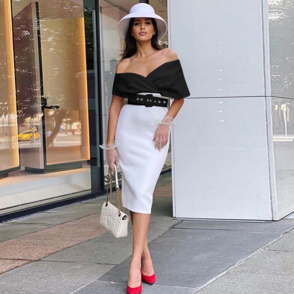 V-neck off-the-shoulder waist-contrast workplace OL dress with belt