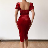 Solid Color Corset Showing Breast Sexy Low Neck Puff Sleeve Velvet Hip Dress