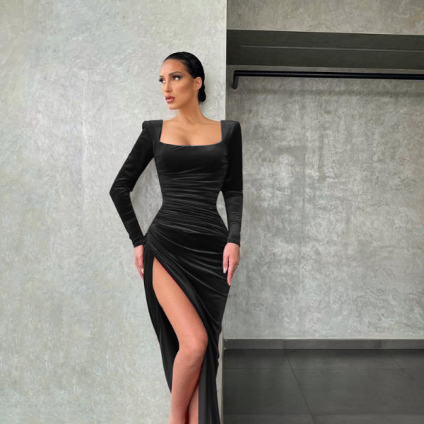 Temperament sexy square neck folded high waist dress dress