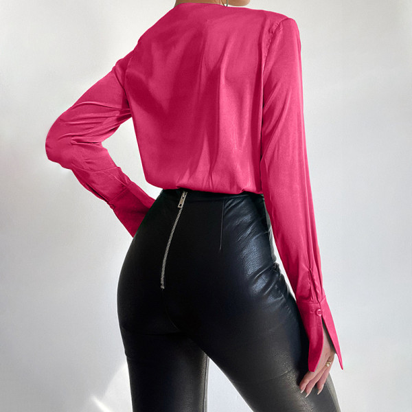 V-Neck Padded Shoulder Pleated Long-Sleeve Shirt Piece