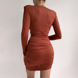 Temperament shoulder pad V-neck sexy slim bag hip dress women