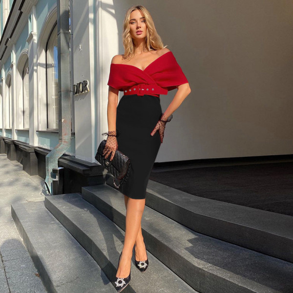 V-neck off-the-shoulder waist-contrast workplace OL dress with belt