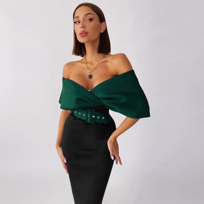 V-neck off-the-shoulder waist-contrast workplace OL dress with belt