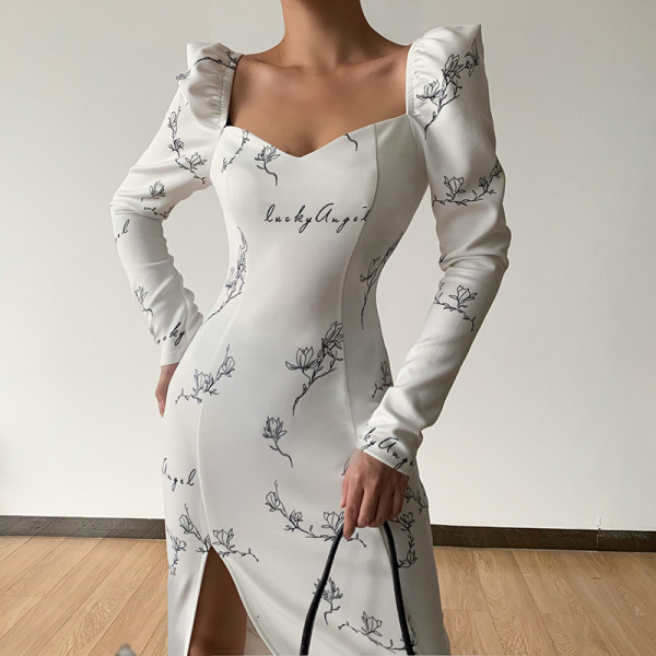Women's temperament and gentle print square neck high waist slit dress