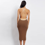 Sexy temperament exposed backpack hip halter dress
