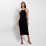 Sexy temperament exposed backpack hip halter dress