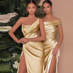 One-shoulder fishbone slit high-waisted long sexy dress