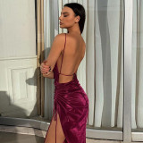 Sexy V-Neck Backless Sling Drawstring High Slit Gown Dress