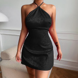 Sexy jacquard satin halterneck open back A swing dress