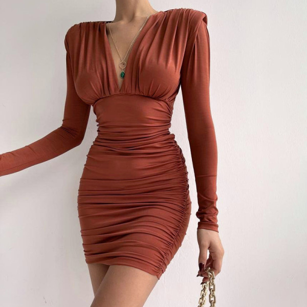 Temperament shoulder pad V-neck sexy slim bag hip dress women