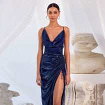 Sexy V-Neck Backless Sling Drawstring High Slit Gown Dress