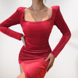 Temperament sexy square neck folded high waist dress dress