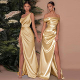 One-shoulder fishbone slit high-waisted long sexy dress